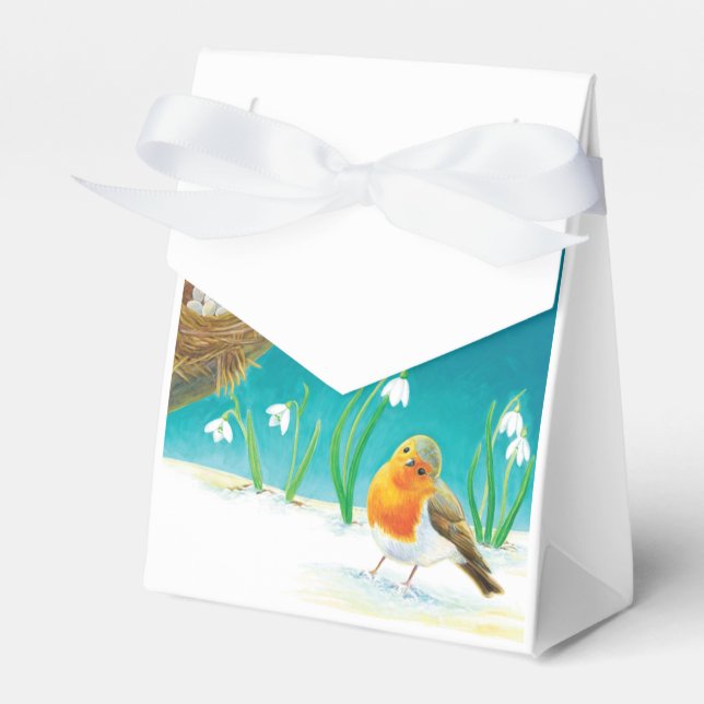 Early Spring Nesting Red Robin Bird & Snowdrops   Favour Box (Front Side)