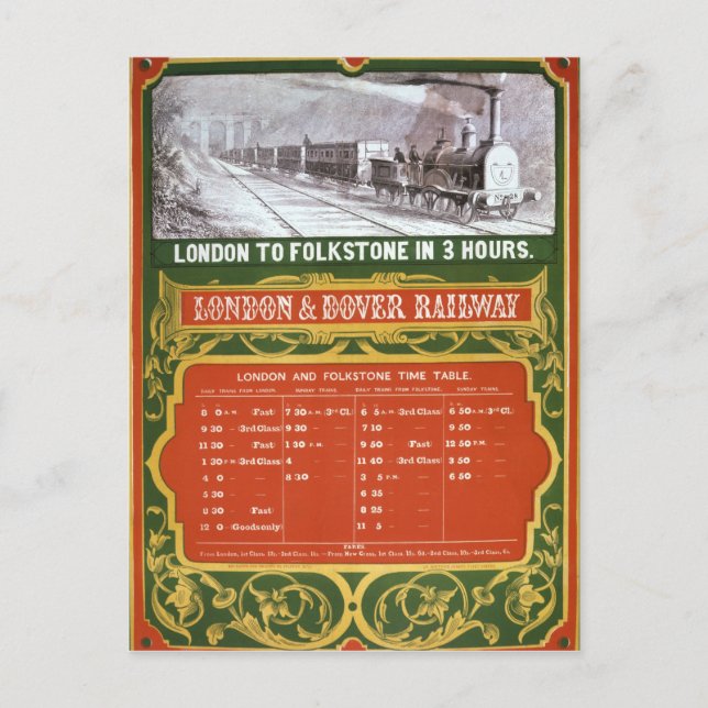 Early timetable for the London to Dover Railway Postcard (Front)
