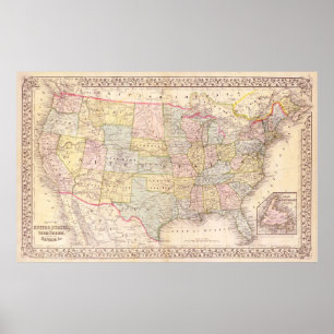 Early United States of America map, Mitchell 1867: Poster