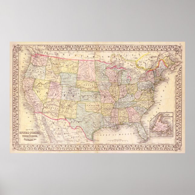 Early United States of America map, Mitchell 1867: Poster (Front)