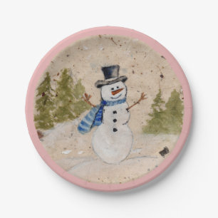 Early Winter SnowMan in Top Hat Waves Hello Paper Plate