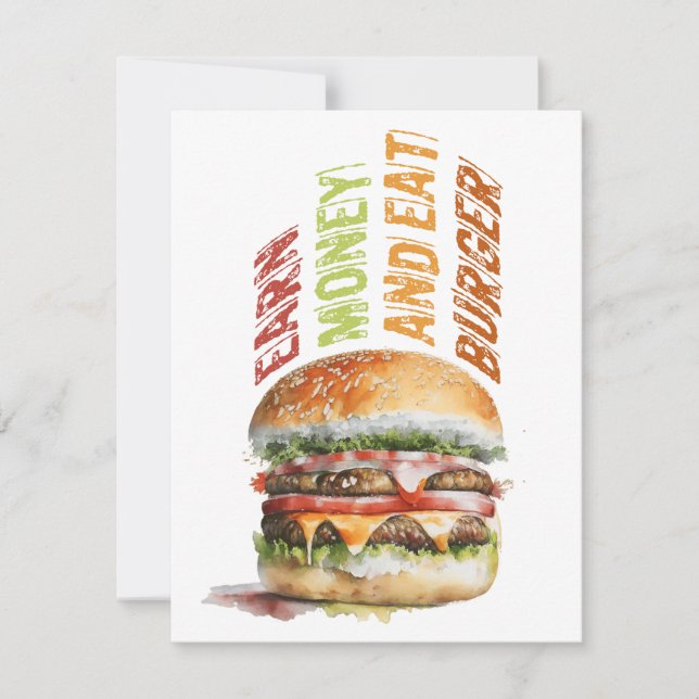Earn Money And Eat Burger, Humourous Burger Design Thank You Card (Front)