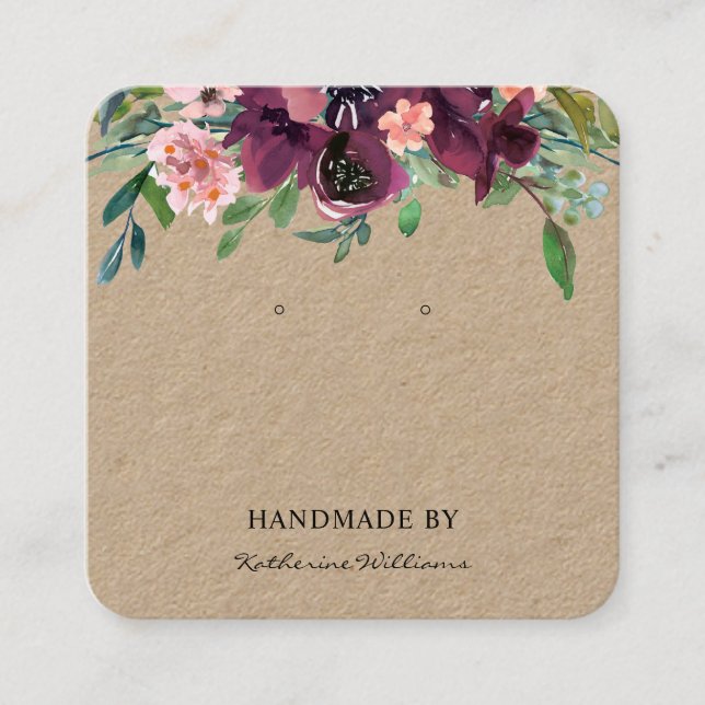 Earring Display Card | Kraft Paper Burgundy Floral (Front)