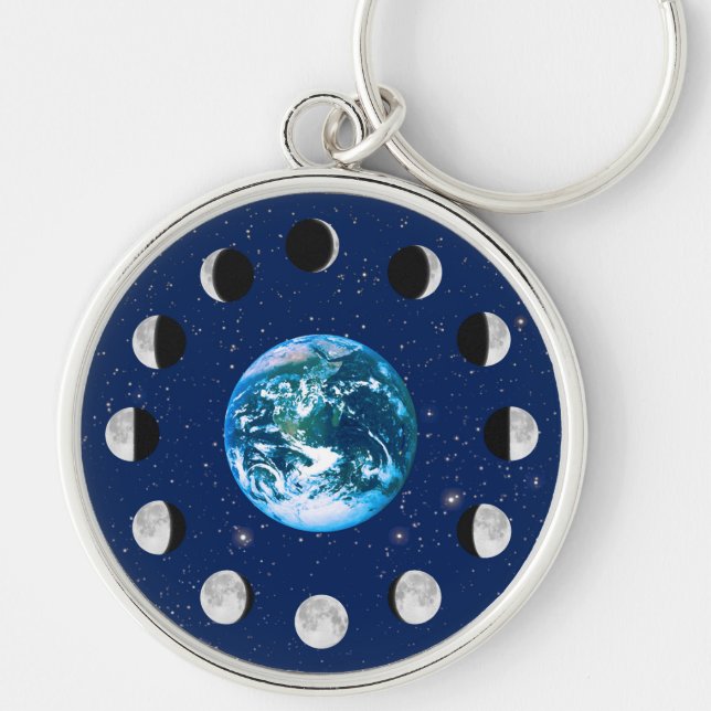 Earth and Moon Phases, on a Background of Stars Key Ring (Front)