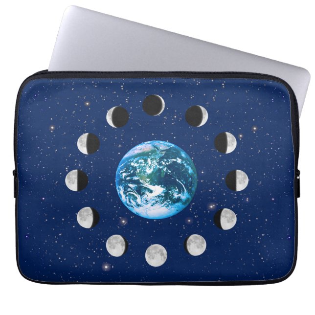 Earth and Moon Phases, on a Background of Stars Laptop Sleeve (Front)