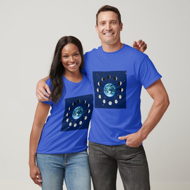 Earth and Moon Phases, on a Background of Stars T-Shirt (Unisex)