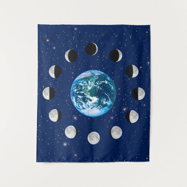 Earth and Moon Phases, on a Background of Stars Tapestry (Front)