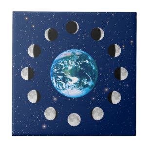 Earth and Moon Phases, on a Background of Stars Tile