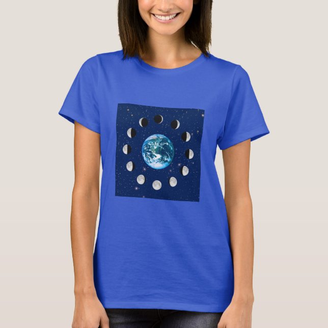 Earth and Moon Phases with Starry Background  T-Shirt (Front)