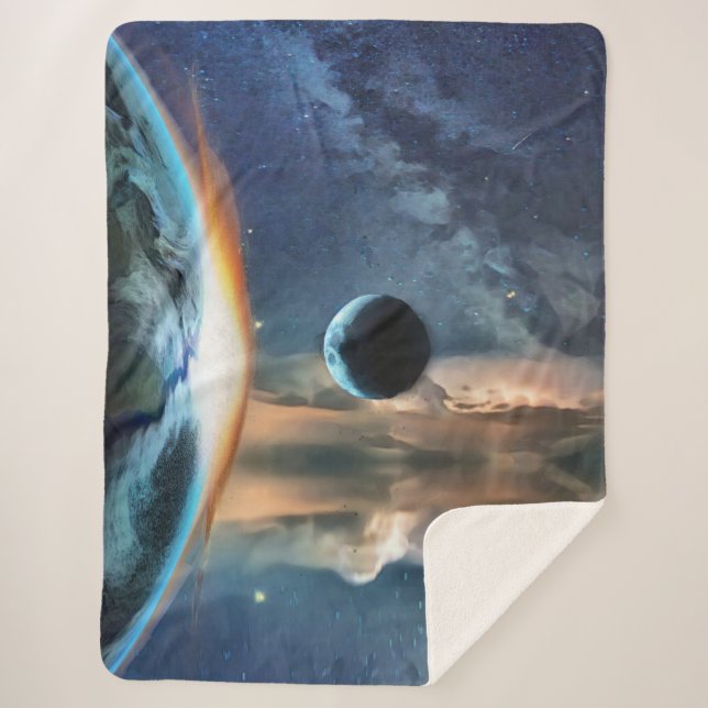 Earth And Moon Space Design Sherpa Blanket (Front)