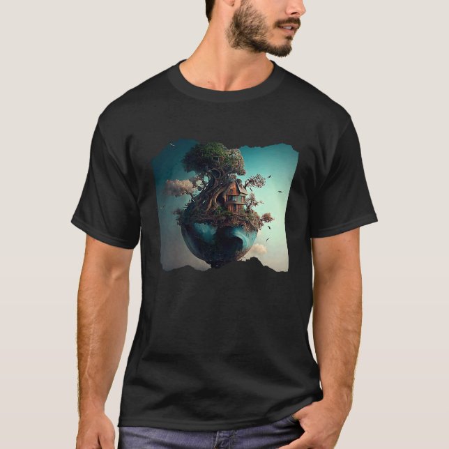 Earth and Tree House Surreal Artwork T-Shirt (Front)