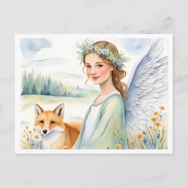 Earth Angel with Fox – Watercolor Gentle Tones Postcard (Front)