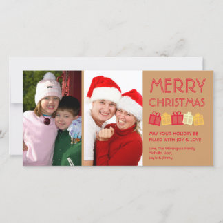 Earth brown merry Christmas fun dancing gift boxes Holiday Card