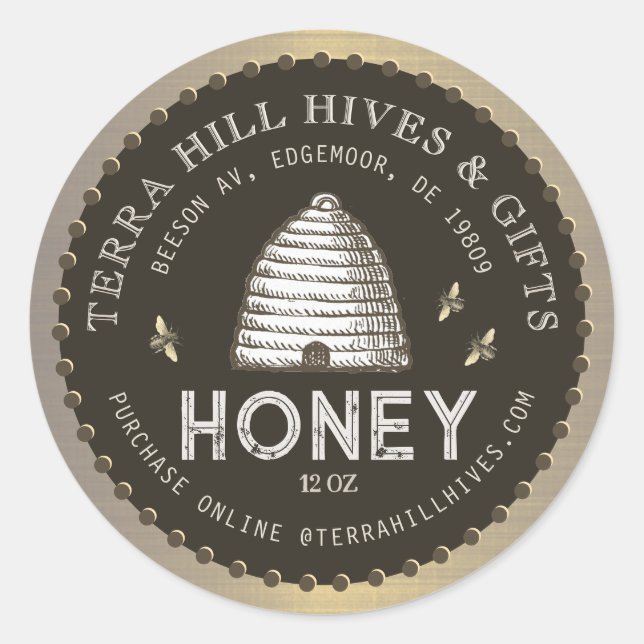 Earth Brown & Taupe Honey Label with Skep & Bees (Front)