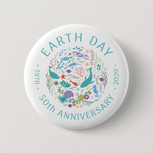 Earth Day 50th Anniversary 1970-2020 Ocean Animals 6 Cm Round Badge (Front)