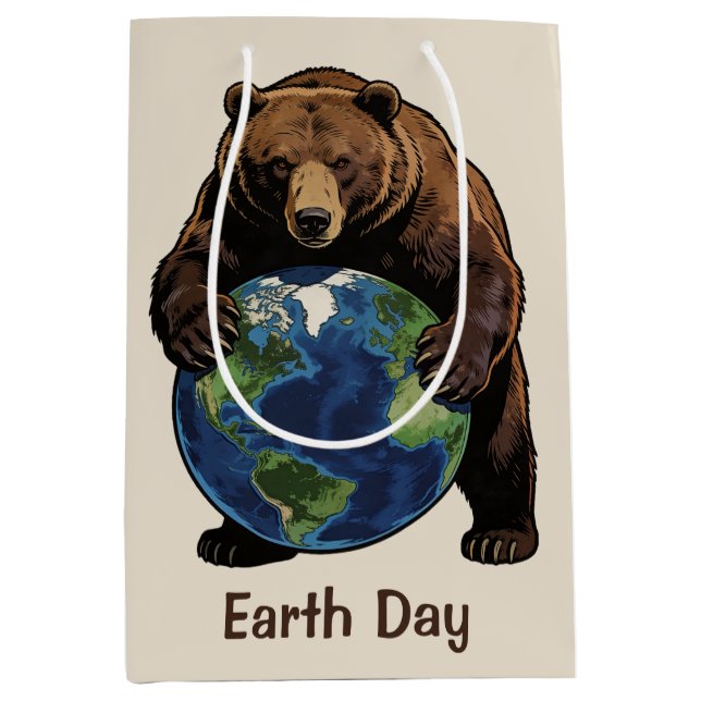 Earth Day Bear Hugging Planet Design Medium Gift Bag (Front)