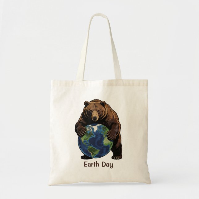 Earth Day Bear Hugging Planet Design  Tote Bag (Front)