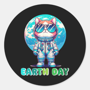Earth Day Cat Astronaut Save The World Classic Round Sticker