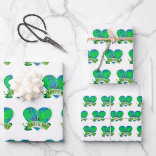 Earth Day Celebration Blue Green Heart Flat  Wrapping Paper Sheet
