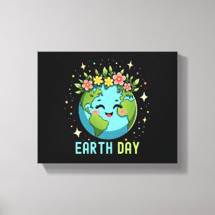 Earth Day Environment Cute Earth With Floral Canvas Print