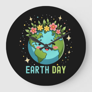 Earth Day Environment Cute Earth With Floral Large Clock