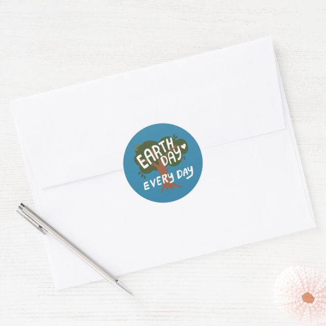 EARTH DAY EVERY DAY Handlettered Tree Classic Round Sticker (Envelope)