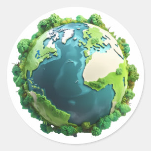 Earth Day - Green and Blue Earth with Trees Classic Round Sticker
