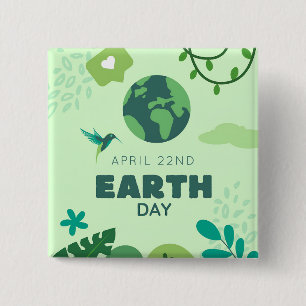 Earth Day Green Globe Plants Nature 15 Cm Square Badge