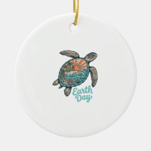 Earth Day Sea Turtle Vintage Engraving Shirt Desig Ceramic Tree Decoration