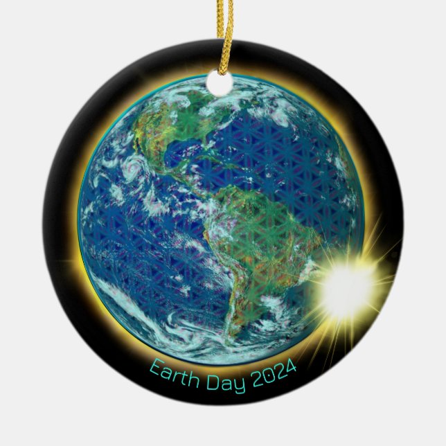 Earth Day Solar Eclipse 2024 sacred geometry  Ceramic Tree Decoration (Front)