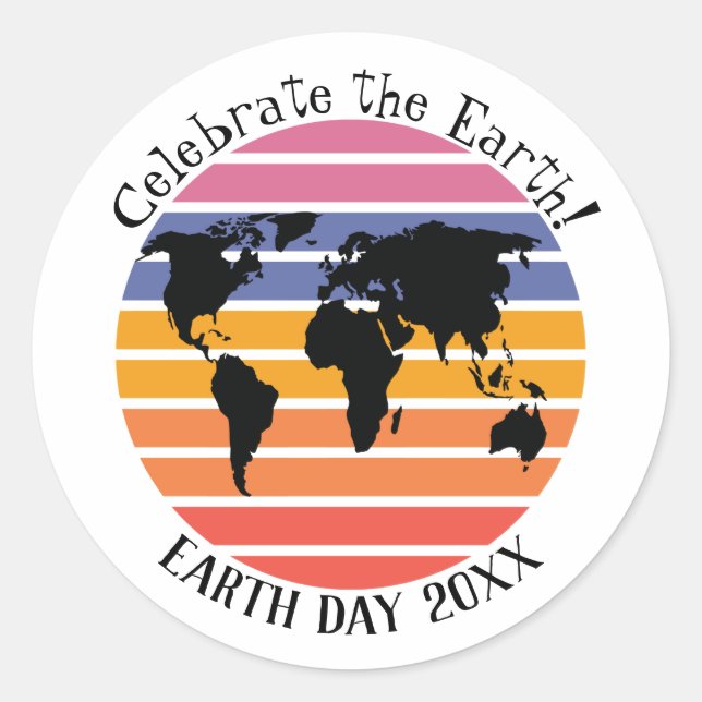 Earth Day World Map Retro Sunset Silhouette Classic Round Sticker (Front)
