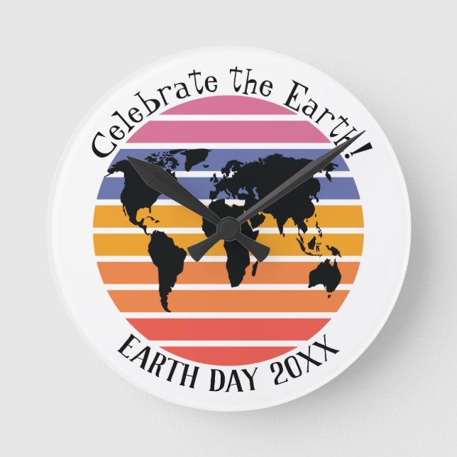 Earth Day World Map Retro Sunset Silhouette Round Clock (Front)