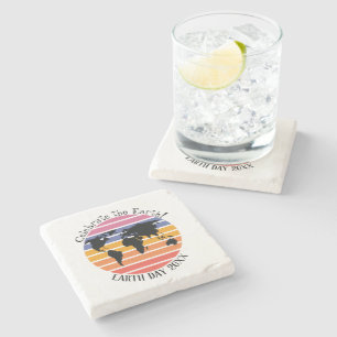 Earth Day World Map Retro Sunset Silhouette Stone Coaster