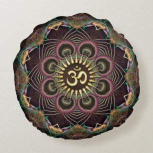 Earth Flower Fractal Energy Mandala Om Symbol Round Cushion
