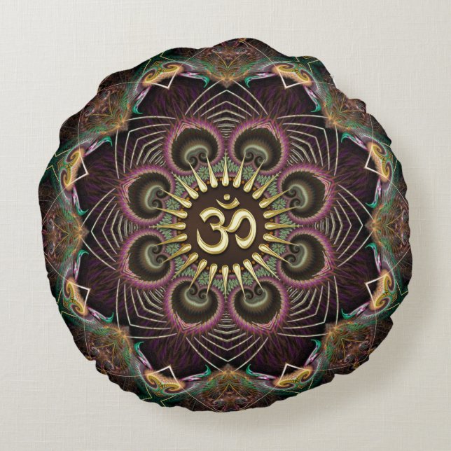 Earth Flower Fractal Energy Mandala Om Symbol Round Cushion (Back)