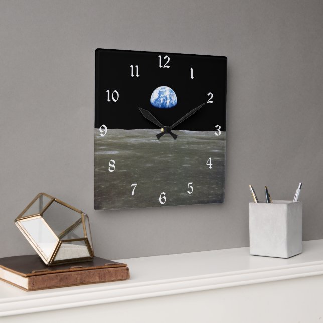 Earth from Moon in Black Space: Earthrise Square Wall Clock (Office)