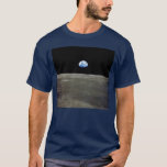 Earth from Moon in Black Space: Earthrise T-Shirt<br><div class="desc">From the desolate lunar plains, Earth hangs like a fragile ornament in the abyss. The stark contrast between the sterile greys of the moonscape and the vibrant blue marble of Earth ignites a pang of foreignness within the moon. Countless nights it had witnessed Earth dominate the sky, a constant companion....</div>