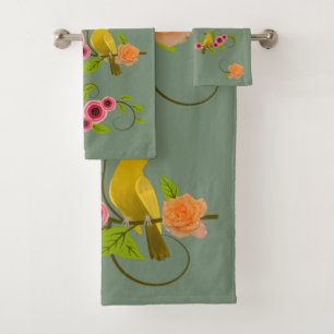 Earth Green - Bird & Yellow Rose Bath Towel Set