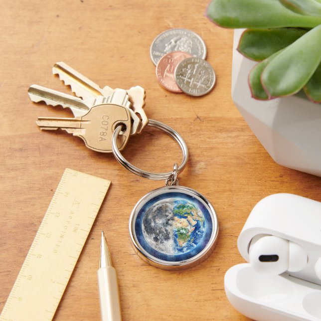 Earth & Moon Watercolor Galaxy Celestial Design Key Ring (Desk)