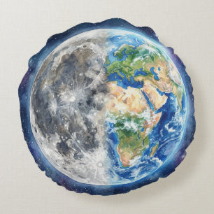 Earth & Moon Watercolor Galaxy Celestial Design Round Cushion