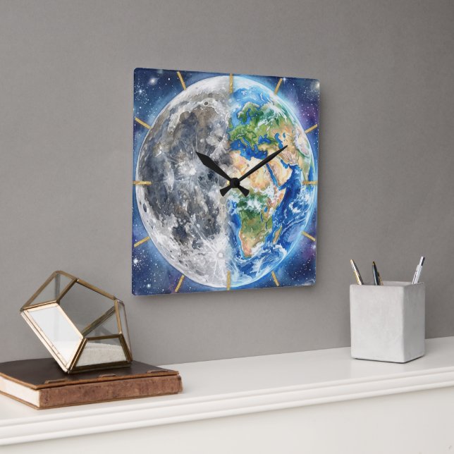 Earth & Moon Watercolor Galaxy Celestial Design Square Wall Clock (Office)