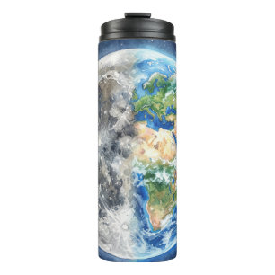 Earth & Moon Watercolor Galaxy Celestial Design Thermal Tumbler
