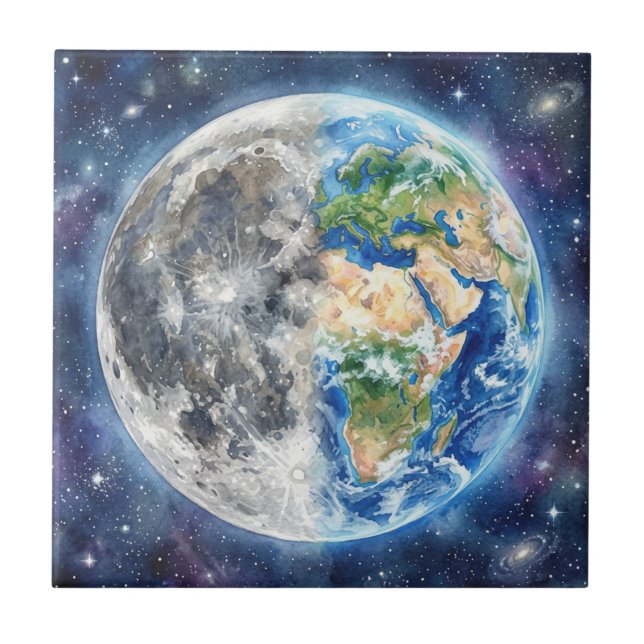 Earth & Moon Watercolor Galaxy Celestial Design Tile (Front)