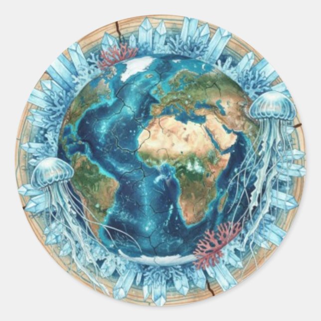Earth Nature Fusion with Ocean Life & Crystal art  Classic Round Sticker (Front)