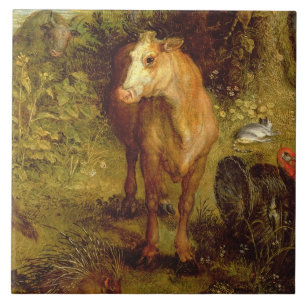 Earth or The Earthly Paradise, detail of a cow, po Tile