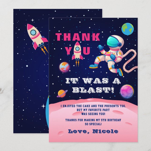 Earth Outer Space Party Pink Astronaut Galaxy Thank You Card (Front/Back)