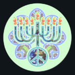 Earth Peace Menorah Stickers<br><div class="desc">Menorah with peace symbol in earth pattern. Chanukah design.</div>