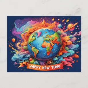 Earth pshchedelic colours happy new year postcard