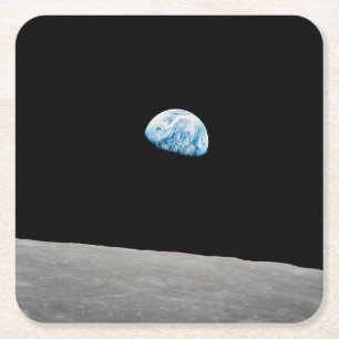 Earth Rising Above The Lunar Horizon. Square Paper Coaster