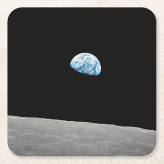 Earth Rising Above The Lunar Horizon. Square Paper Coaster